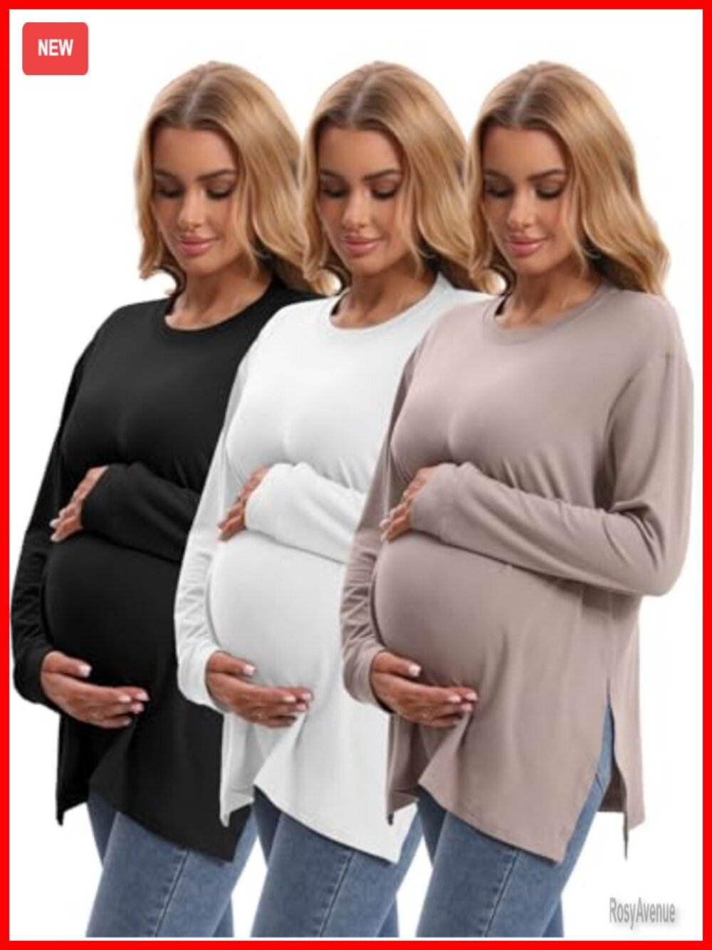 Maternity Long Sleeve Tops 3 Pack Split Side Relaxed Fit Pregnancy Shirts